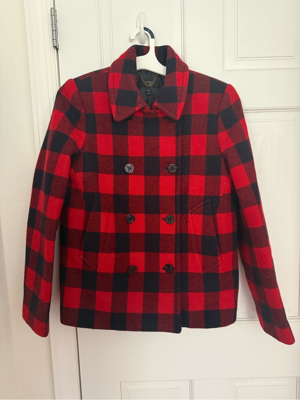 Jcrew size 10 Wool Blend Red & Black Plaid Peacoat Jacket